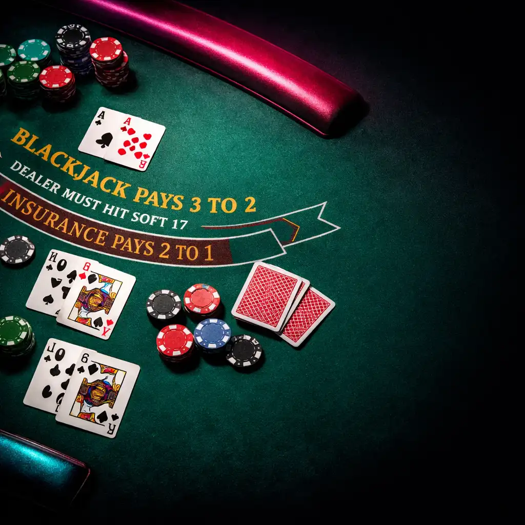 Fizyczny stół do blackjacka z rozłożonymi kartami i żetonami, ciemne tło z neonowymi akcentami