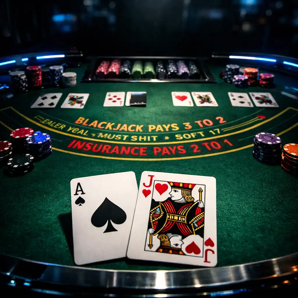 Stół do blackjacka z rozłożonymi kartami i żetonami