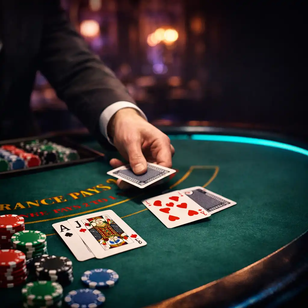 Zbliżenie na stół do blackjacka z ręką krupiera rozdającego karty