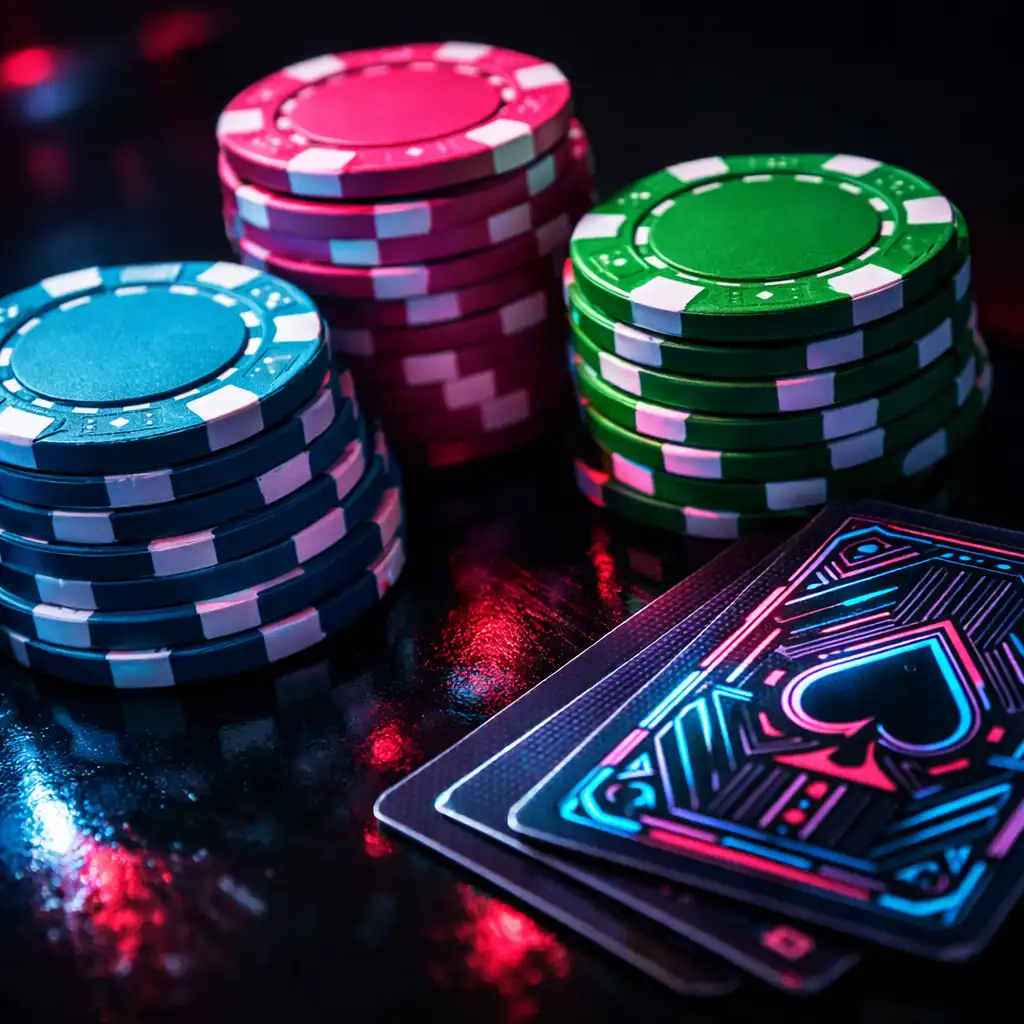 Makro zdjęcie żetonów pokerowych i kart na ciemnym, odbijającym światło stole
