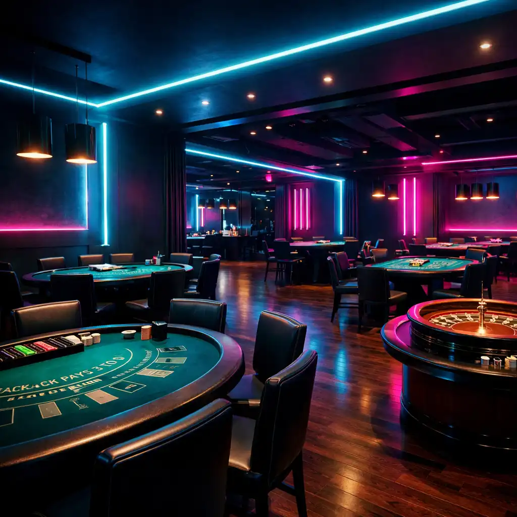 Przestronna sala eventowa z kilkoma stołami do blackjacka i ruletki